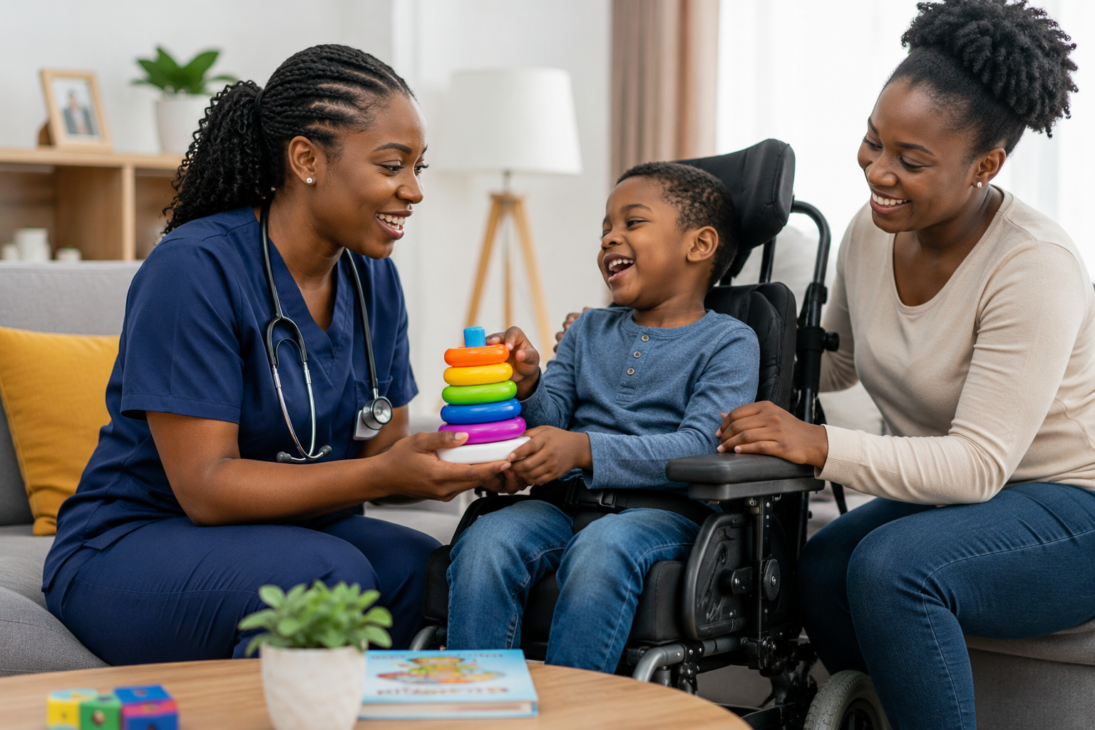 black female nurse taking care of black boy with special needs