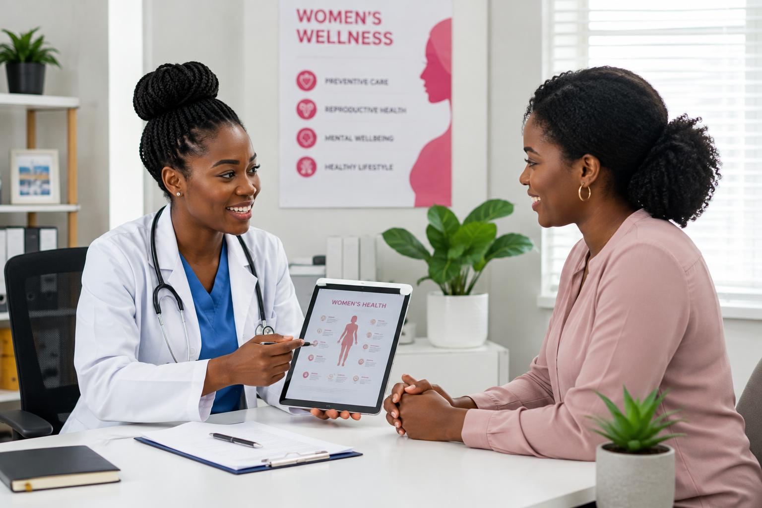 black female docture consulting with female patient in office clinic