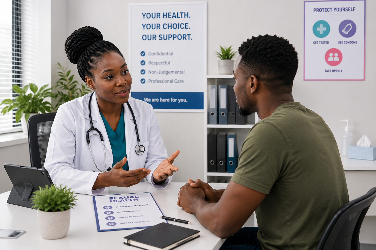 black man visits female doctor for in her clinic.