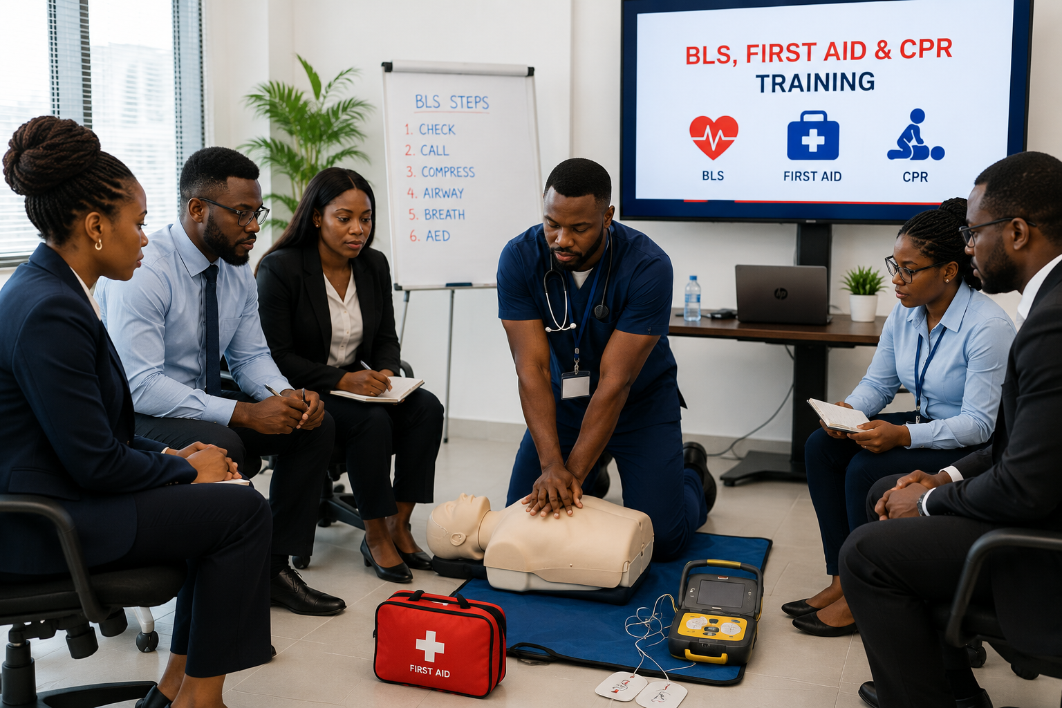corporate men and women doing CPR training