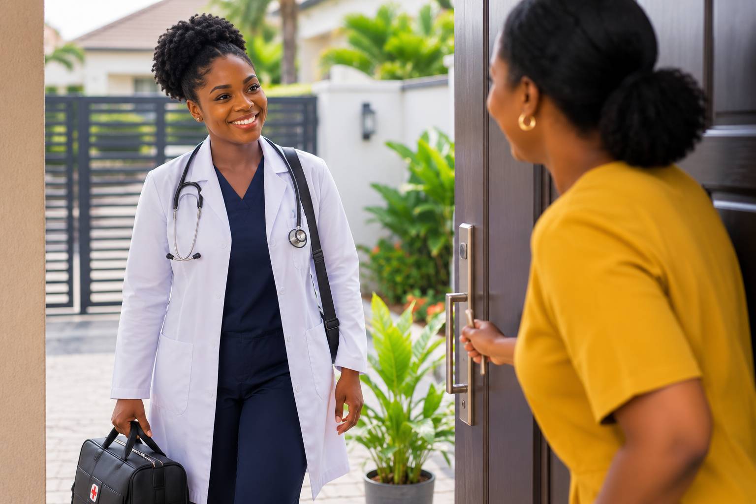 black female doctor entering into patients home