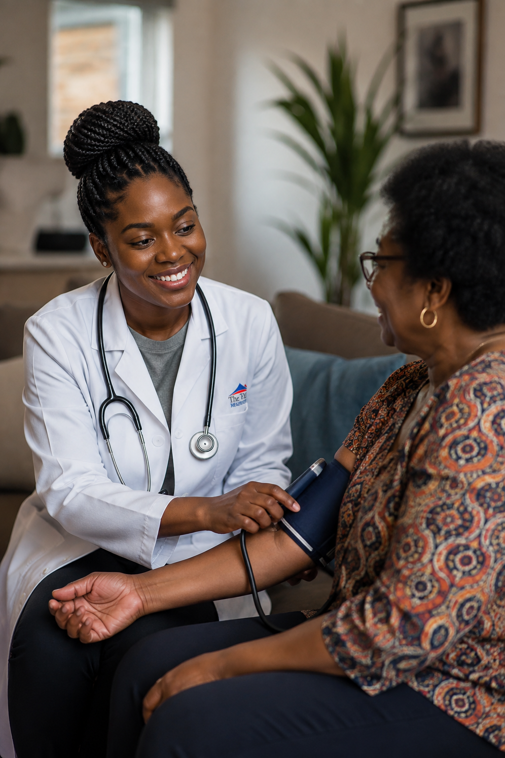 black female doctor checking blood pressure of patient