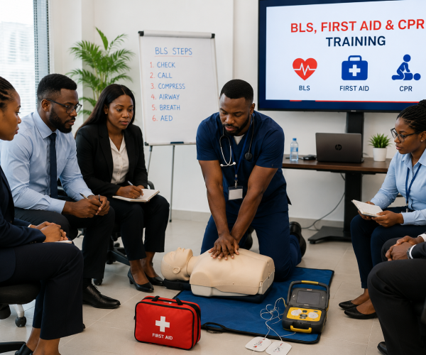 corporate men and women doing CPR training