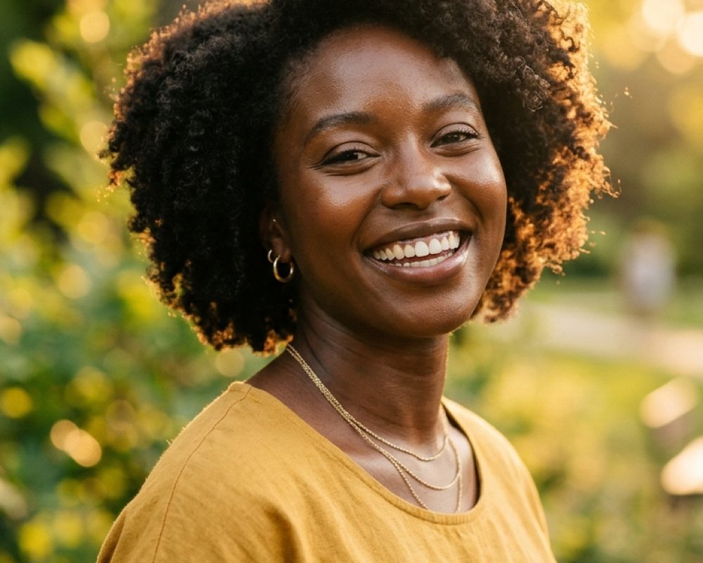 black-smiling-lady beautiful black lady in yellow t-shirt smiling